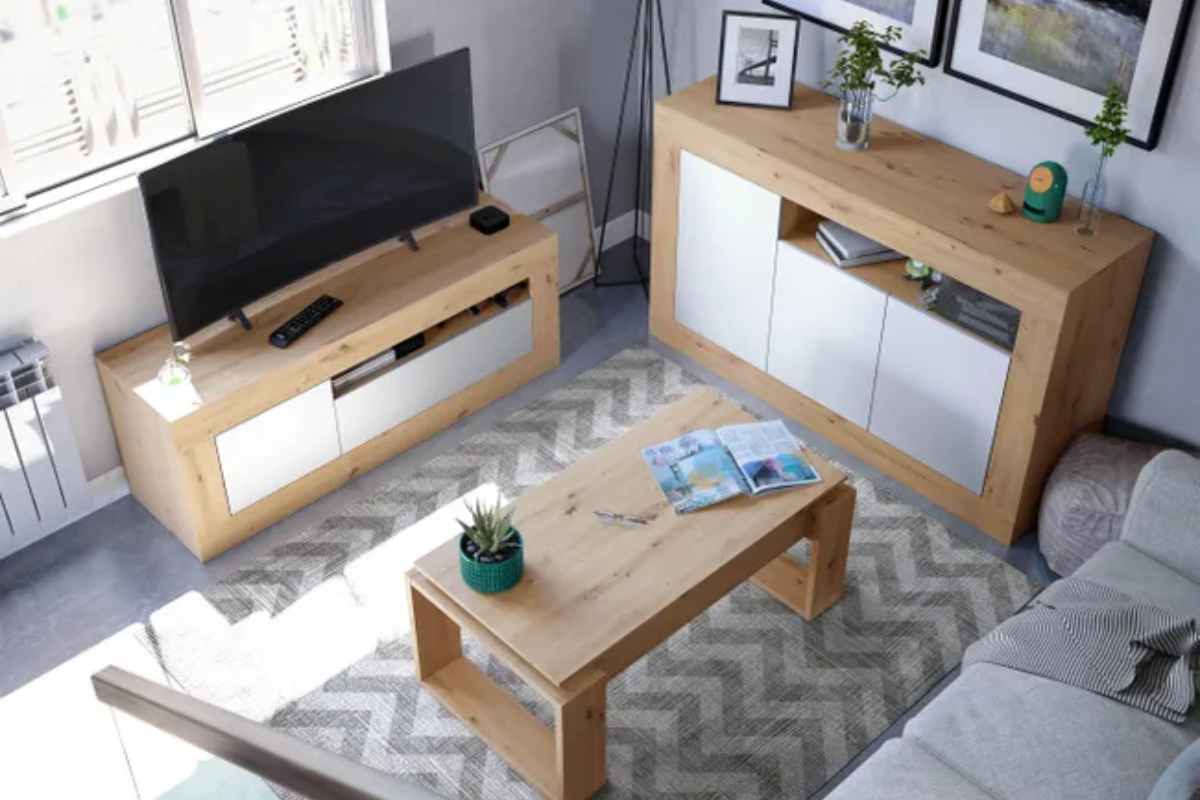 Elegancia, calidez y estilo natural para tu hogar: tonos blancos y robles en muebles de TV para pared